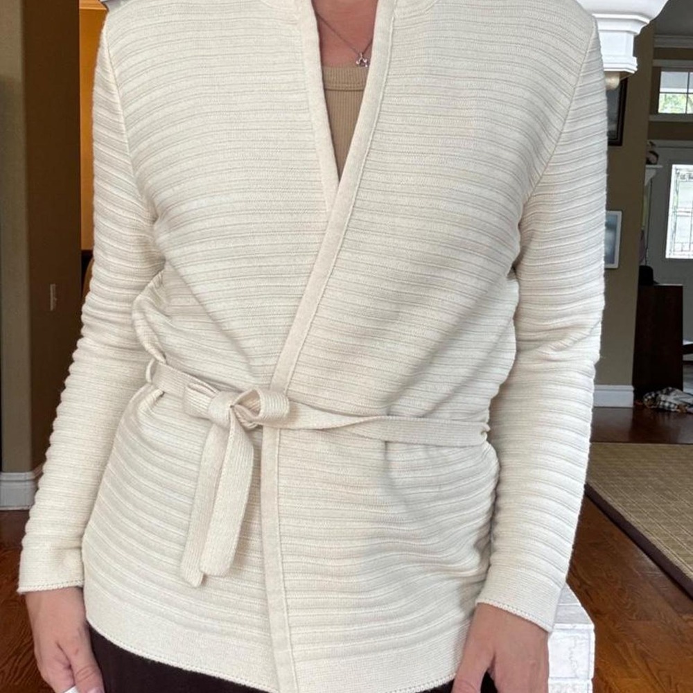 Altessa cream ribbed wrap wool blend sweater with tie minimalist warm
